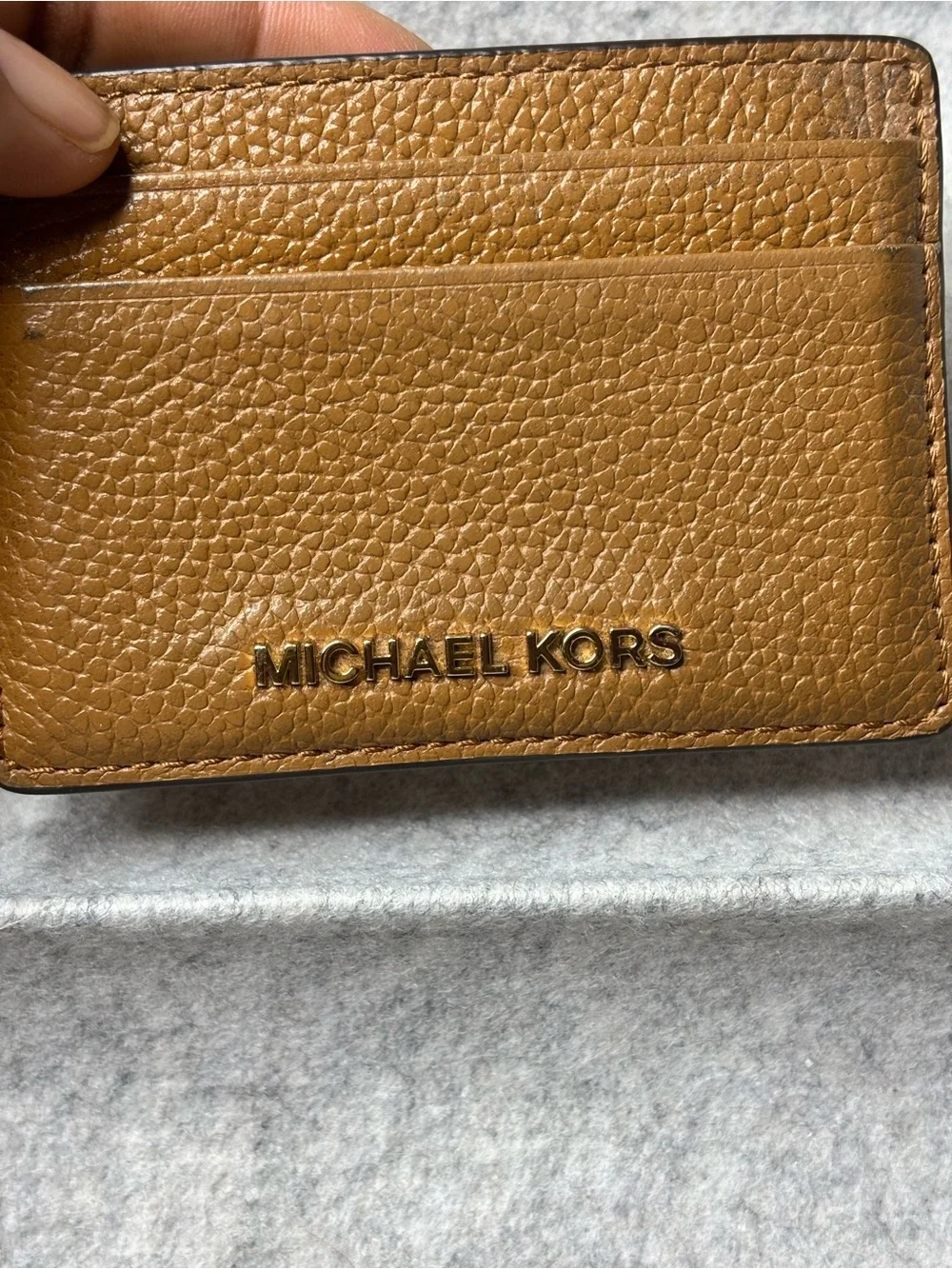 Michael Kors Brown Pebbled Leather Card Case with Gold Logo
